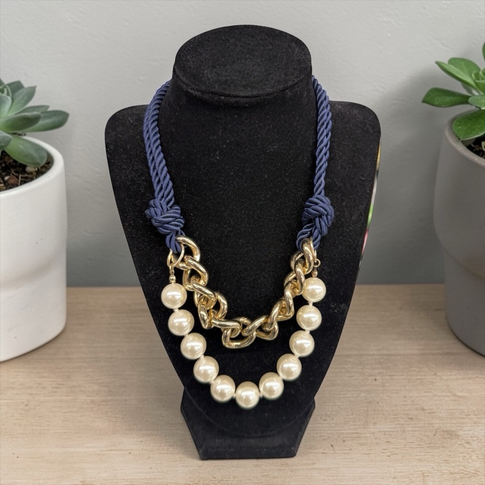 Unique nautical vintage Gold Color and Pearl Necklace with Blue Cord chique